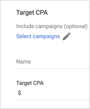 To jest zrzut ekranu z opcjami docelowego CPA w Google Ads. Te opcje to Uwzględnij kampanie (opcjonalnie), Wybierz kampanie, Nazwa, Docelowy CPA (z polem tekstowym do wpisania wartości). Mike Rhodes mówi, że opcje inteligentnego określania stawek w Google Ads, takie jak docelowy CPA, wykorzystują sztuczną inteligencję do zarządzania stawkami.