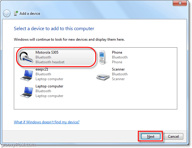 kliknij urządzenie Bluetooth w systemie Windows 7, dodaj kreatora urządzeń i kliknij przycisk Dalej