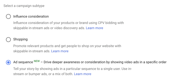 Jak skonfigurować kampanię reklamową YouTube, krok 39, opcja ustawienia sekwencjonowania reklam