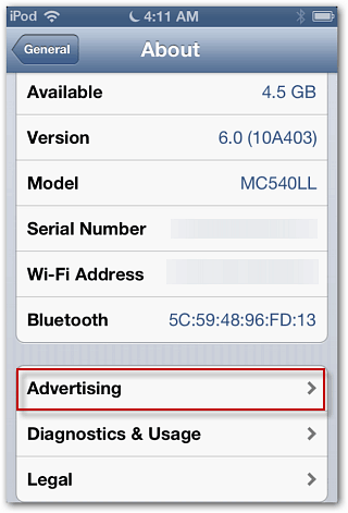 Informacje o reklamie iOS 6