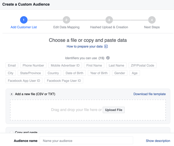 Tworząc niestandardową grupę odbiorców na Facebooku z listy e-mailowej, możesz poprawić współczynnik dopasowania za pomocą dodatkowych identyfikatorów.