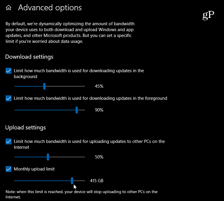 Windows 10 Ustaw pobieranie i przesyłanie ustawień przepustowości