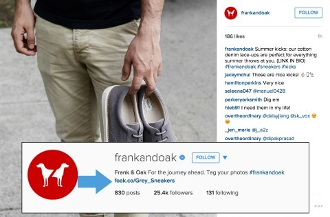 Frank i Oak przykład dodawania linków do biografii na Instagramie
