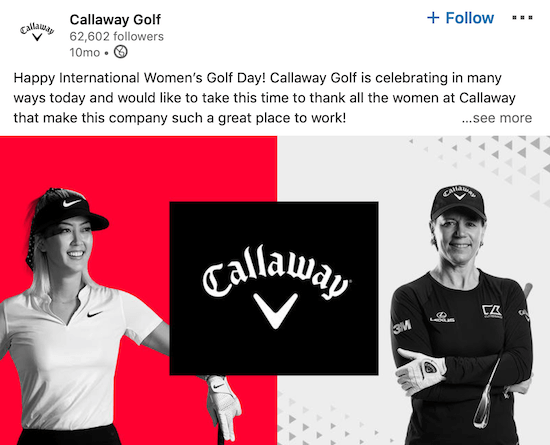 Wpis na LinkedIn na stronie Callaway Golf na Międzynarodowy Dzień Kobiet