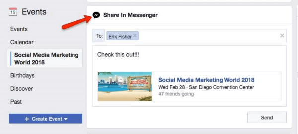 Facebook prosi użytkowników o udostępnienie wydarzenia znalezionego na Facebooku innym użytkownikom Messengera.