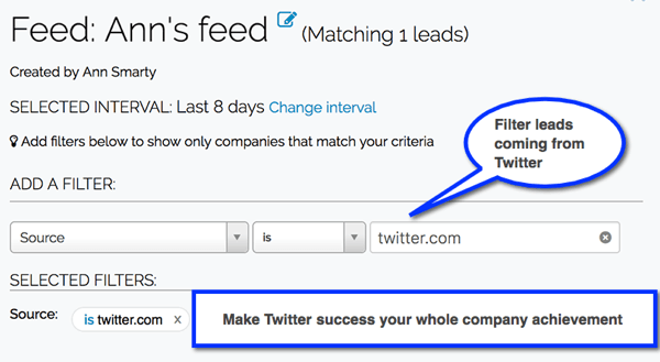 Twórz filtry Leadfeeder, aby śledzić leady pochodzące z Twoich kanałów mediów społecznościowych.