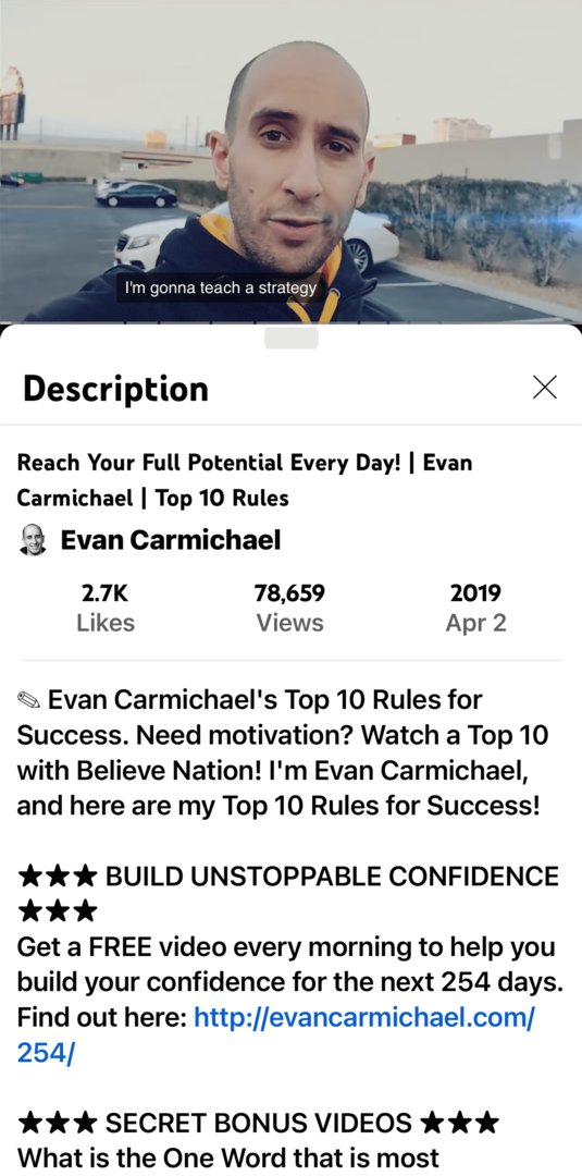 obraz wideo Evana Carmichaela na YouTube i opis w aplikacji mobilnej