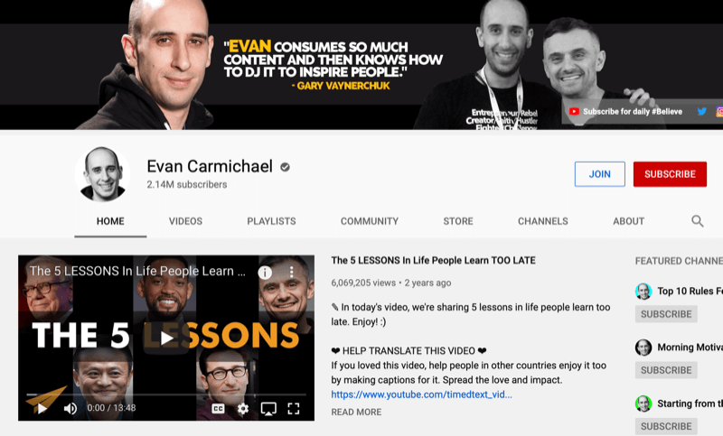 Strona kanału YouTube dla Evana Carmichaela