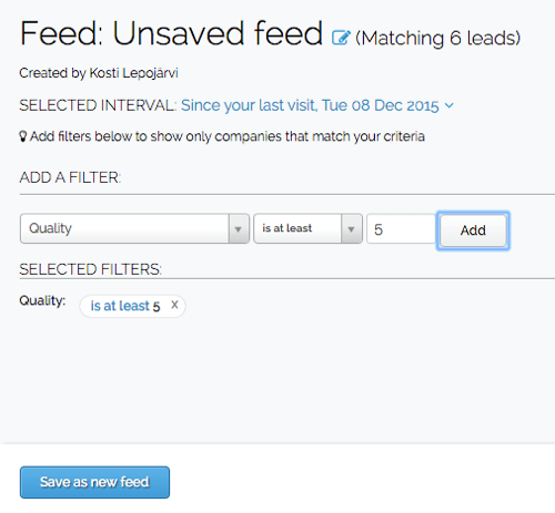 Po utworzeniu filtru w Leadfeeder możesz zapisać go w swoim niestandardowym pliku danych.