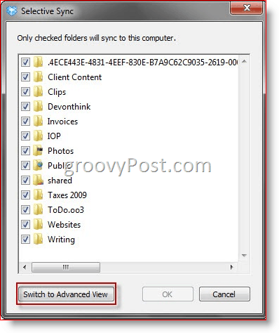 Zaznacz pola wyboru folderów synchronizacji selektywnej Dropbox