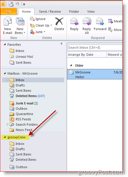 Zrzut ekranu programu Outlook 2010, jak dodać dodatkową skrzynkę pocztową
