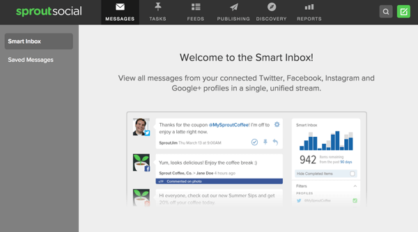 Sprout Social oferuje inteligentną skrzynkę odbiorczą, która umożliwia przeglądanie wiadomości z wielu profili społecznościowych w jednym miejscu.