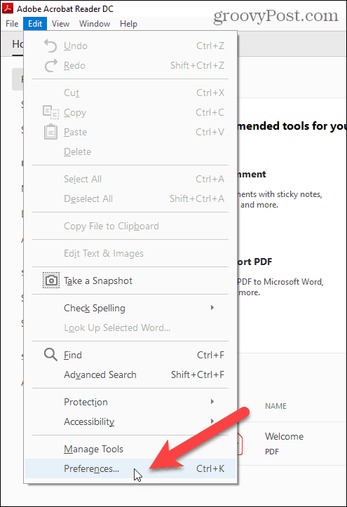 Wybierz Preferencje w menu Edycja w Adobe Acrobat Reader