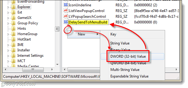 Opóźnij wysyłanie do menu tworzenia dwordów w Windows 7