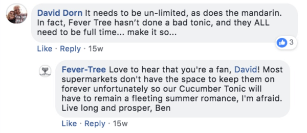 Przykład drzewa gorączki odpowiadającego na komentarz do posta na Facebooku.