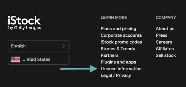 Poszukaj łącza do informacji o licencji w stopce usługi stockowej.