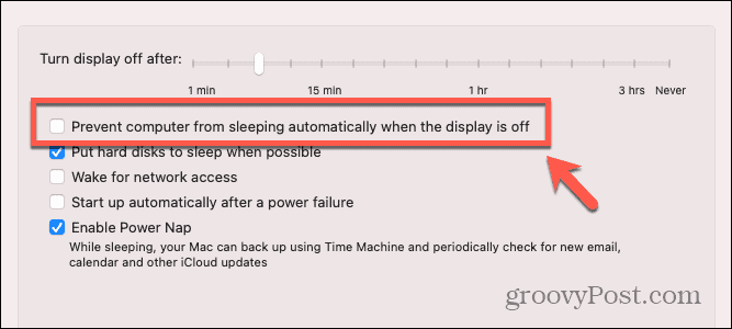 pole wyboru mac zapobiegaj zasypianiu komputera Mac, gdy wyświetlacz jest wyłączony
