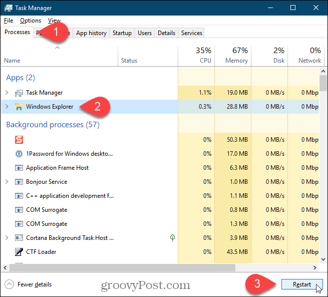 Wybierz proces Eksploratora Windows i kliknij Uruchom ponownie w Windows 10