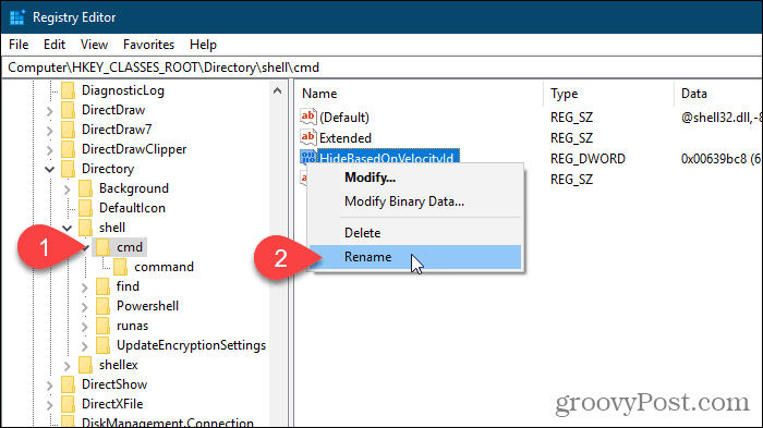 Wybierz Zmień nazwę dla wartości HideBasedOnVelocityId w Edytorze rejestru systemu Windows