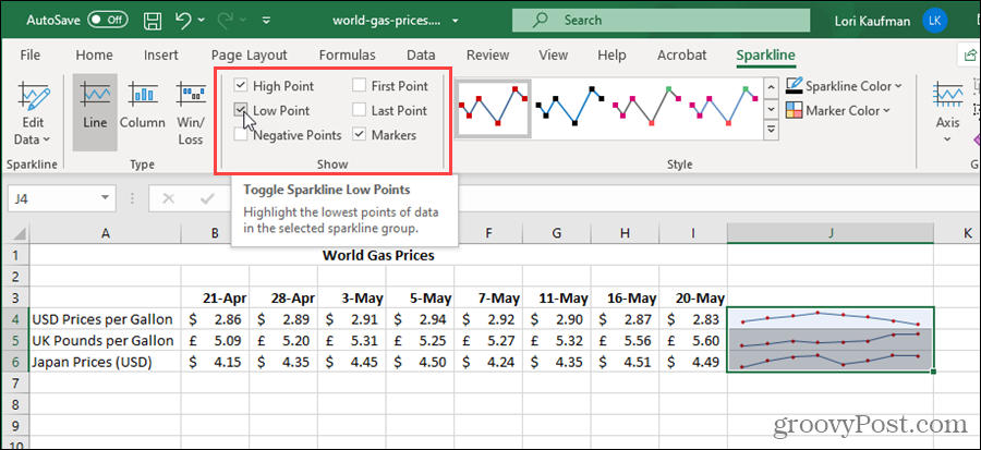 Pokaż opcje wykresów przebiegu w czasie w programie Excel