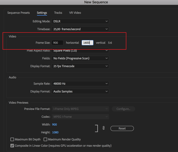 Możliwość ustawienia liczby klatek na sekundę dla sekwencji w programie Adobe Premier Pro.