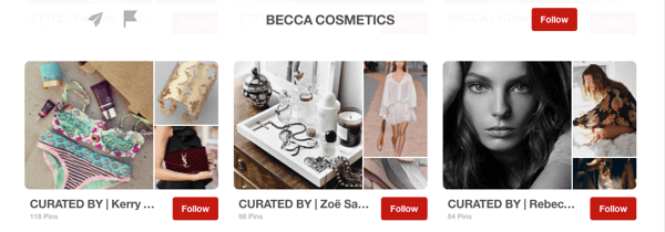 Przykładowe tablice gości na Pinterest wyselekcjonowane przez influencerów dla Becca Cosmetics.