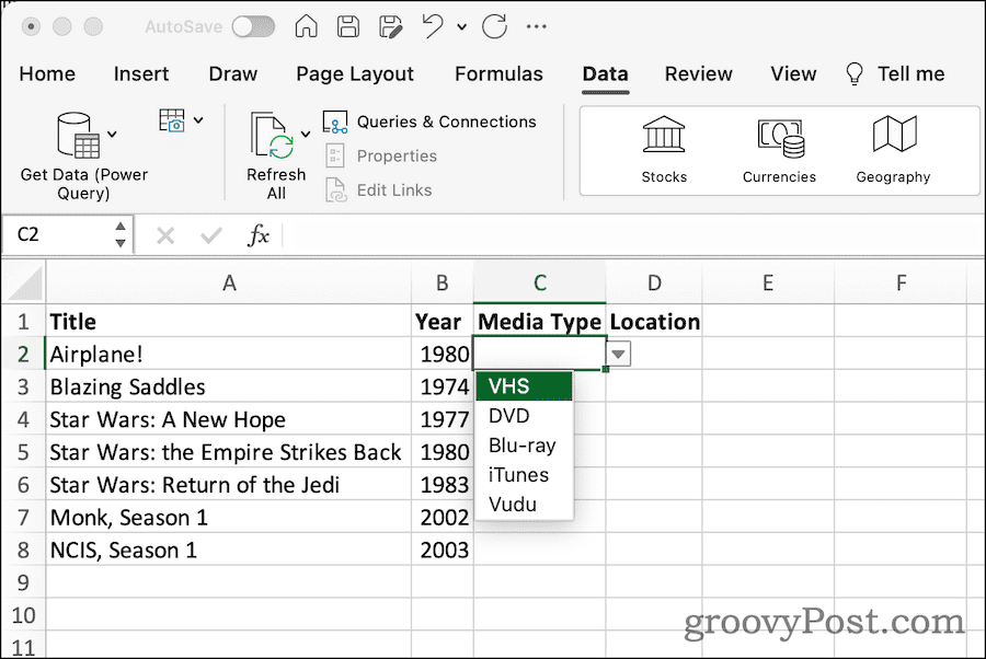 Lista rozwijana w arkuszu kalkulacyjnym Excel