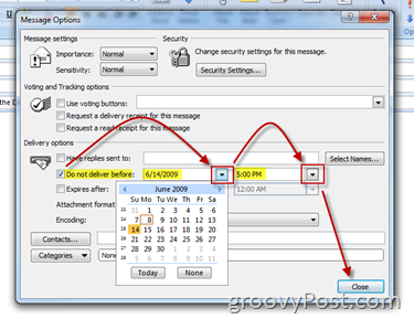 Okno dialogowe Opcje wiadomości programu Outlook Ustaw odroczenie