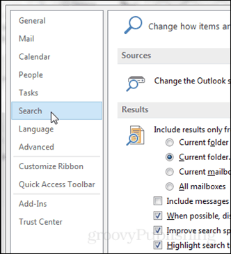 opcje programu Outlook> szukaj