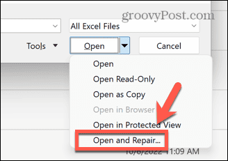 Excel otwórz i napraw dokument