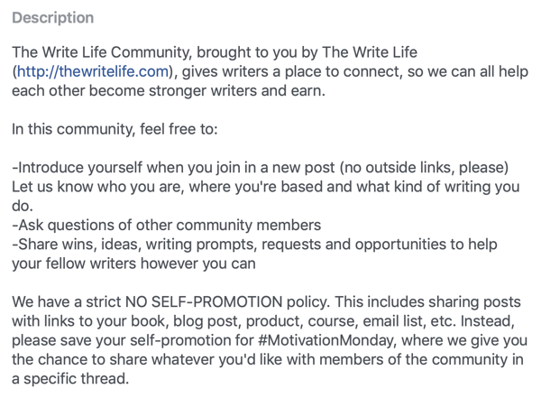Jak ulepszyć swoją społeczność na Facebooku, przykład opisu i zasad grupy na Facebooku autorstwa The Write Life Community