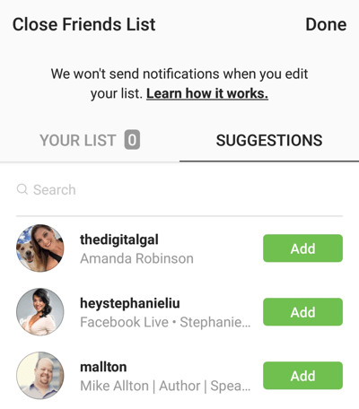 Możliwość kliknięcia Dodaj, aby dodać znajomego do listy bliskich znajomych na Instagramie.