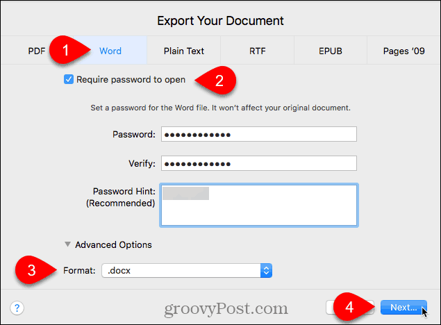 Okno dialogowe Eksportuj dokument w Pages dla komputerów Mac