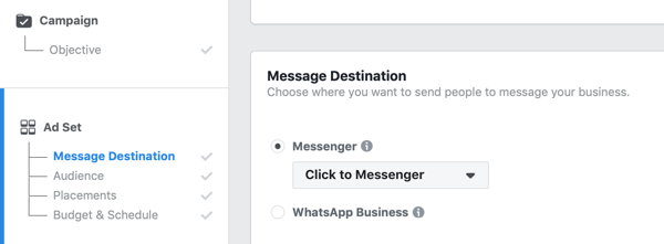 Reklamy Facebook Click to Messenger, krok 1.