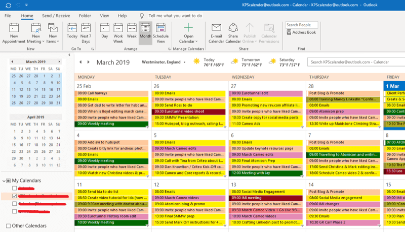 Strategia marketingowa w mediach społecznościowych; Zrzut ekranu naszego kalendarza programu Outlook, aby pokazać, w jaki sposób planujemy każde działanie wdrożeniowe, aby upewnić się, że zostanie wykonane.
