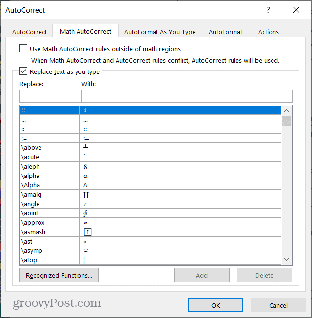 Autokorekta matematyczna w programie Word w systemie Windows