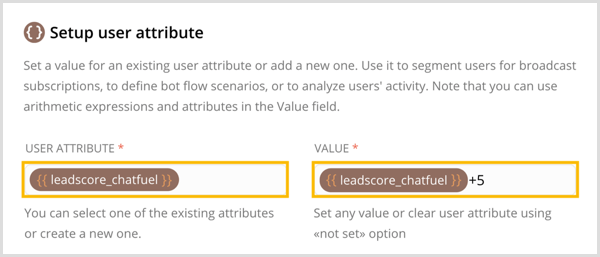 Utwórz nowy atrybut użytkownika i ustaw jego wartość w Chatfuel.