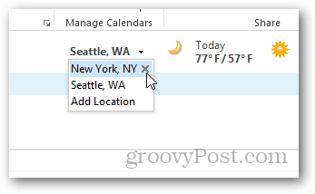 Przewodnik po pogodzie w kalendarzu programu Outlook 2013 — Dodaj Usuń miasta