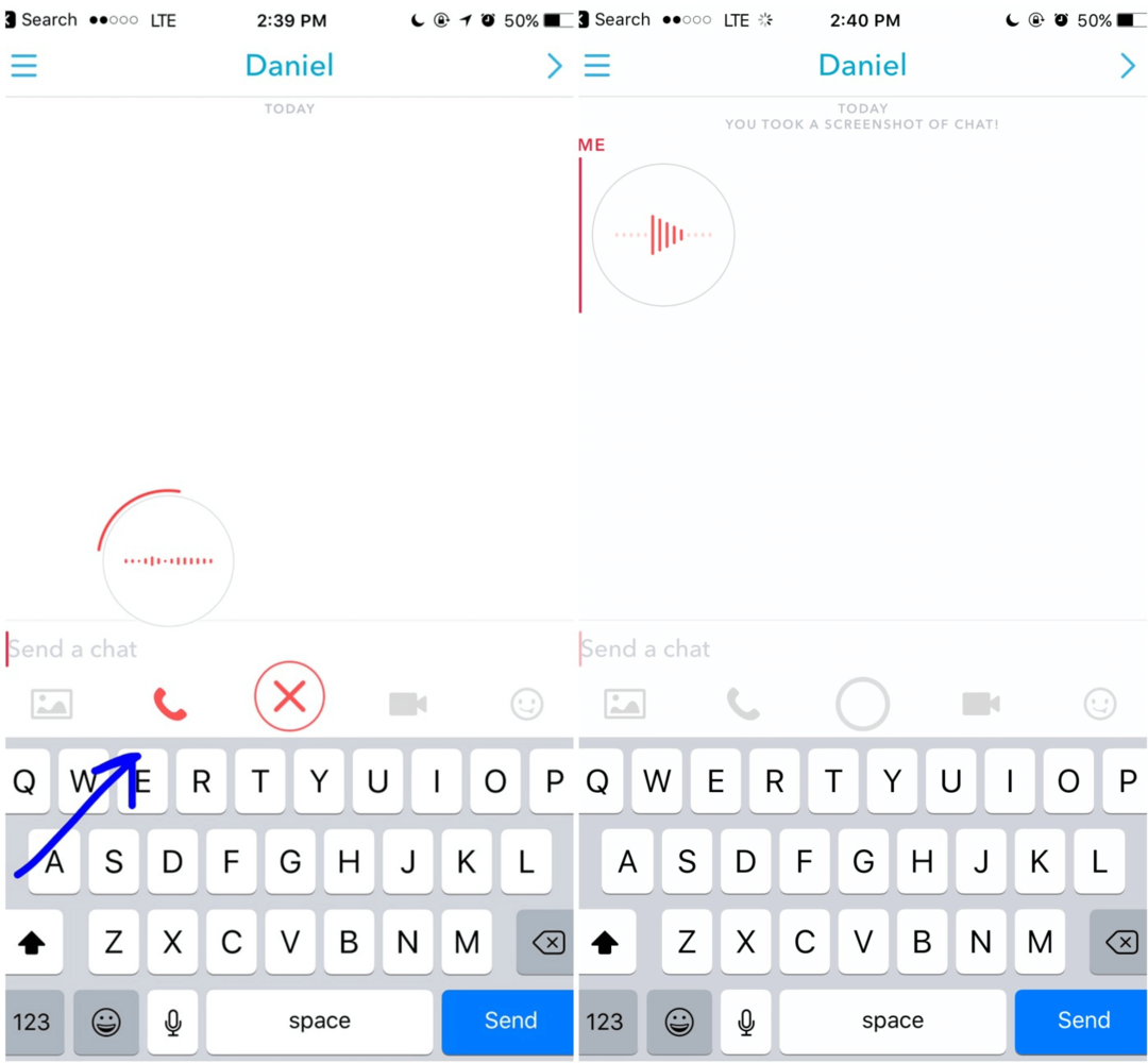 W Snapchacie przytrzymaj ikonę telefonu, aby nagrać wiadomość głosową, którą Twój klient zobaczy przy następnym logowaniu.