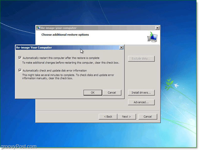 użyj zaawansowanych opcji, aby dostosować przywracanie obrazu systemu Windows 7