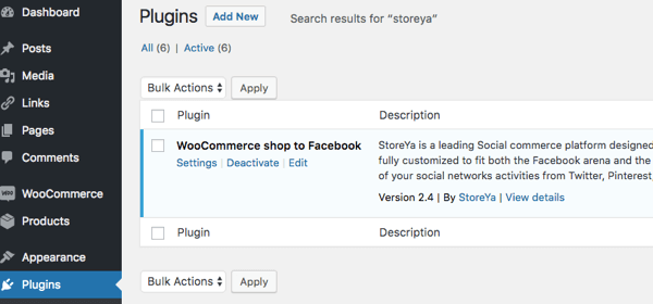 Dowiesz się, że wtyczka jest aktywowana, gdy WooCommerce Shop to Facebook pojawi się w obszarze Zainstalowane wtyczki.