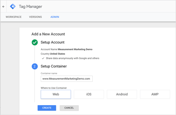 Po utworzeniu konta Menedżer tagów Google wyświetla monit o utworzenie kontenera, który jest zbiorem tagów śledzenia i czynników uruchamiających, które nakazują tym tagom rejestrować działanie użytkownika.