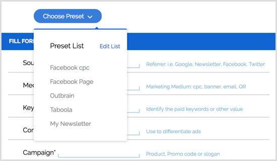 Ustawienia wstępne rozszerzenia Google URL Builder do przeglądarki Chrome