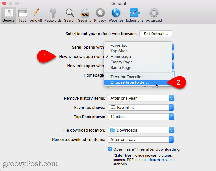 Wybierz Wybierz folder kart dla Nowe okna otwarte z ustawieniem w Safari na Macu