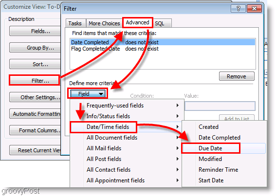 Zrzut ekranu: Filtr konfiguracji paska zadań programu Outlook 2007