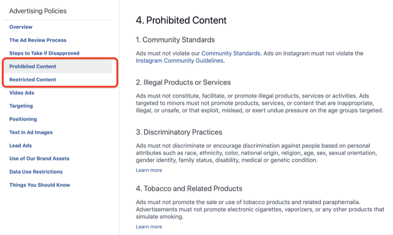 Sekcja treści zabronionych w zasadach reklamowych Facebooka