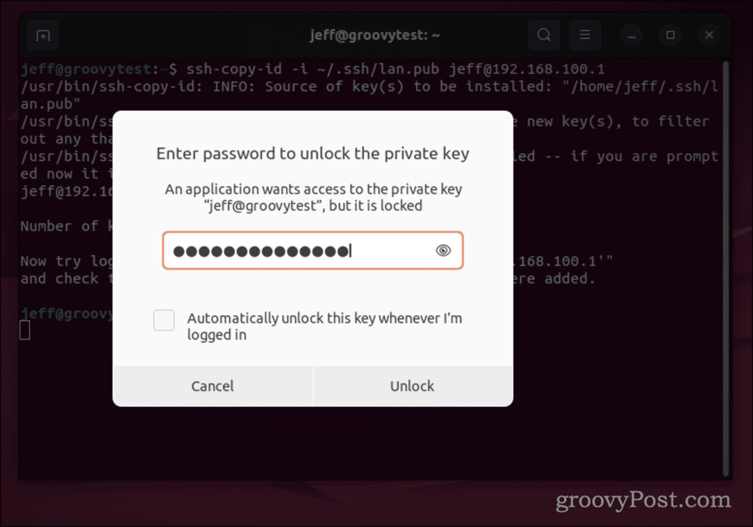 Okno dialogowe hasła Ubuntu dla klucza SSH
