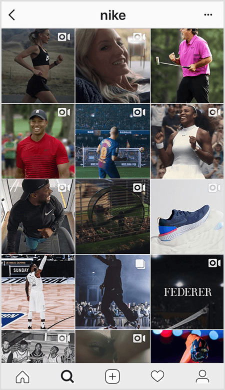 Posty Nike na Instagramie zawierają siatkę sportowców noszących sprzęt Nike, ale niewiele obrazów w kanale zawiera tekst.