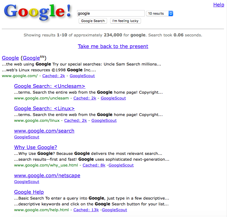Piątek Zabawa: Wróć do sieci 1.0 przez Googling „Google w 1998 roku”
