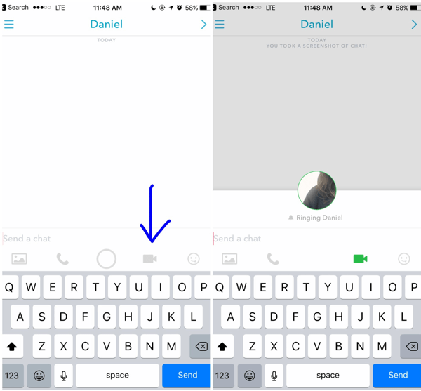 Aby nawiązać połączenie wideo Snapchat, dotknij ikony wideo w otwartej rozmowie z klientem.